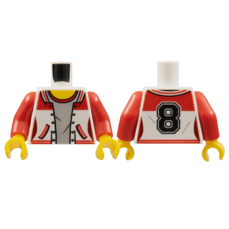 Romp, Vrouwelijk, Open Jasje met letter 8 op de achterkant en Light Bluish Gray shirt, Rode mouwen en gele handen White