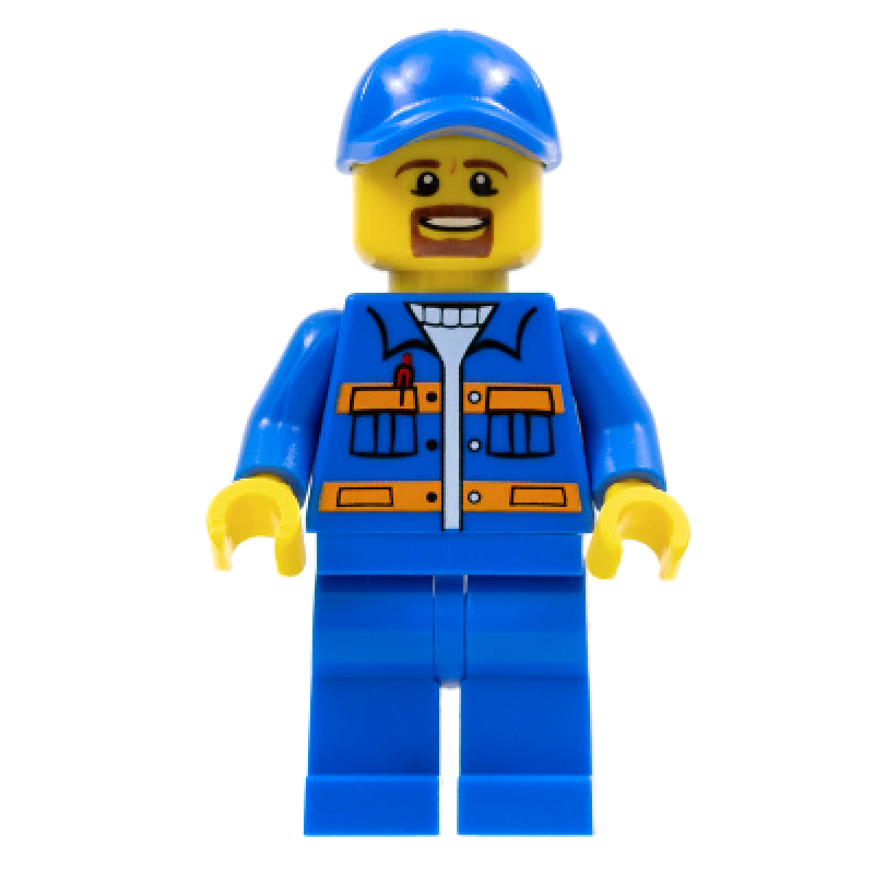 Minfiguur met blauw jasje, oranje strepen, zakken en blauwen benen en pet, bruine snor en geitensikje