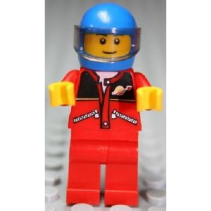 Minifiguur met blauwe helm, rode jas met rits zakken