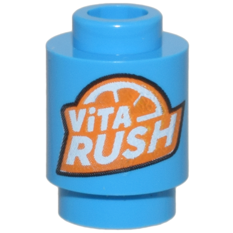 Steen, Rond 1x1 met sinaasappelschijf en  'ViTA RUSH' Dark Azure